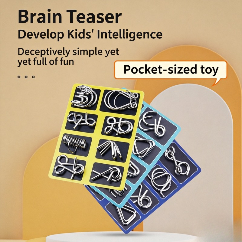 Brain Teaser Cube - 8-częściowy zestaw metalowych puzzli, klasyczna łamigłówka,